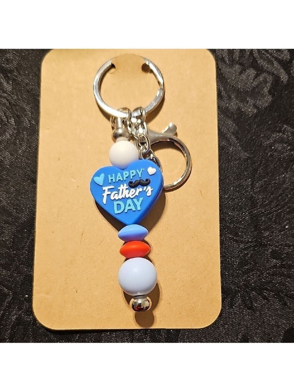Handbeaded Happy Father's Day Keychain with Blue Heart Charm